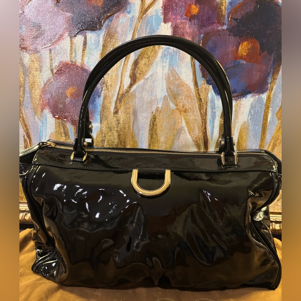 GUCCI "The Abbey" Black Patent Leather Large Abbey Hobo w/COA